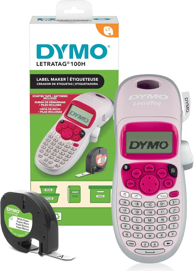 Dymo صانع الملصقات اليدوي LetraTag LT-100H بتصميم جمالي، طابعة ملصقات بلوحة مفاتيح ABC مع شاشة LCD سهلة الاستخدام، 13 حرف، رائعة لتنظيم المنزل والمكتب، وردي - Image 1